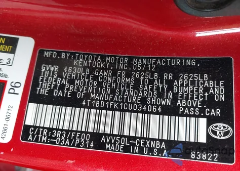 2012 Toyota Camry Hybrid Le z USA, uszkodzony, nr VIN 4T1BD1FK1CU034064